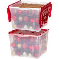 Iris Usa Ornament Storage Box With Attached Lid, Stores 75 Ornaments Per Bin, 2-Pack, Stackable Durable Christmas Storage Organization Container Bin For Holiday Decorations And Accessories, Clear/Red