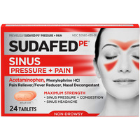 Sudafed Pe Sinus Pressure + Pain Relief Tablets, Maximum Strength, Non-Drowsy, Acetaminophen, Pain Reliever, Fever Reducer, Phenylephrine Hcl, Decongestant, Sinus Congestion Relief; 24 Ct; Pack Of 1