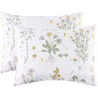 Wake In Cloud - Floral Pillow Cases, 100% Cotton Fabric, Flower Cottagecore Botanical Cute Pattern Printed, Set Of 2 Pillowcases Pillow Shams Covers, Yellow Green, King Size 20X36 Inches