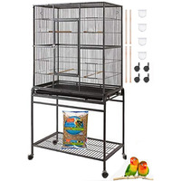64"" Extra Large Tight 1/2-Inch Bar Spacing Wrought Iron Flight Canary Parakeet Cockatiel Lovebird Finch Home Cage Side Nesting Box Doors With Removable Rolling Stand