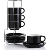 Sweejar Ceramic Espresso Cups With Saucers, 4 Ounce Stackable Cappuccino Cups With Metal Stand For Coffee Drinks, Latte, Tea - Set Of 4 (Black)