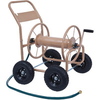 Liberty Garden Industrial 4 Wheel 300 Foot Of 0.625 Inch Hose Steel Frame Water Hose Reel Cart For Backyard, Garden, Or Lawn, Beige