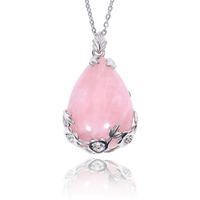 Kisspat Natural Teardrop Rose Quartz Pendant Necklace On 20"" Stainless Steel Chain