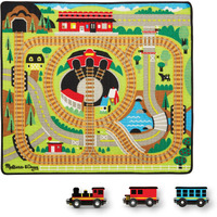 Melissa & Doug Round The Rails Train Activity Play Rug, 3 Wooden Train Cars (39"" X 36"")