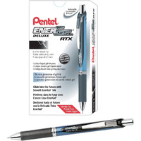 Pentel Energel Deluxe Rtx Retractable Liquid Gel Pens, Fine Point, 0.5 Mm, 54% Recycled, Blue Barrel, Black Ink, Pack Of 12 Pens