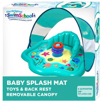 Swimschool Baby Splash Play Mat With Adjustable Canopy - Inflatable Play Pool For Babies & Infants With Backrest - Includes Baby Water Toy Rings
