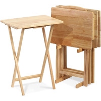 Pj Wood Lightweight Rectangle Solid Wood Construction Multifunctional Folding Table Tray With Compact Storage Rack, Natural, 5 Piece Set