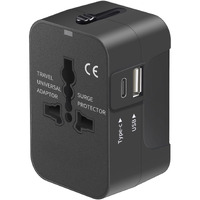Mingtong Travel Adapter, Worldwide All In One Universal Travel Adaptor Ac Power Plug Adapter Wall Charger With Usb-C And Usb-A Charging Ports For Usa Eu Uk Aus Black