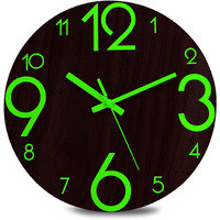Plumeet Luminous Wall Clock - 12'' Non-Ticking Silent Wooden Clocks With Night Light - Large Decorative Wall Clock For Kitchen Office Bedroom,Battery Operated (Brown Face)