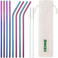 Vehhe Metal Straws Drinking Straws 10.5"" Stainless Steel Straws Reusable 8 Set - Ultra Long Rainbow Color-Cleaning Brush For 20/30 Oz For Yeti