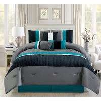 Grandlinen 7 Piece Teal Blue/Grey/Black Pleated Bed In A Bag Microfiber Comforter Set Queen Size Bedding. Perfect For Any Bed Room Or Guest Room