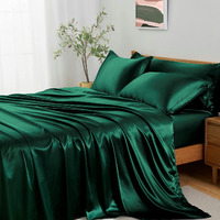 Entisn 5Pcs Silky Satin Queen Size Bed Blackish Green Luxury Bedding Sets, Breathable & Ultra Soft Sheets Set Includes 1 Fitted Sheet, 1 Flat Sheet, 3 Pillowcases