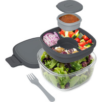 Bentgo Glass All-In-One Salad Container - Large 61-Oz Salad Bowl With Lid, 4-Compartment Bento-Style Tray, 3-Oz Sauce Container, And Reusable Fork - Dishwasher, Microwave, And Oven Safe (Dark Gray)