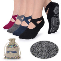 Ozaiic Non Slip Socks For Yoga Pilates Barre Fitness Hospital Socks For Women (4 Pairs - Black/Navy/D.Gray/Burgundy)