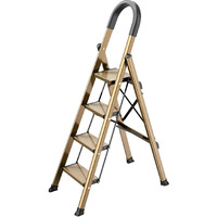 Gamegem Lightweight Aluminum 4 Step Ladder Folding Step Stool Stepladders With Anti-Slip And Wide Pedal For Home And Kitchen Use Space Saving (Brown Gold)