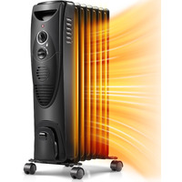 Kismile Portable Electric Radiator Heater, Oil Filled With 3 Heat Settings, Adjustable Thermostat, Overheat & Tip-Over Protection For Indoor Use, 1500W (Black)