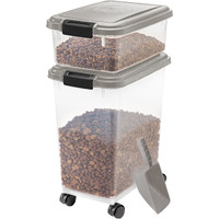 Iris Usa Dog Food Storage Container, 30 Lbs & 11 Lbs Combo, Cat Food Storage Container, Dog Treat Container, Airtight, Stackable, 2-Cup Scoop, Wheels, Easy Mobility, Chrome