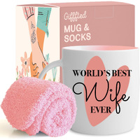 Triple Gifffted Worlds Best Wife Ever Coffee Mug And Socks Gifts For Women From Husband For Valentines For Her Birthday Wedding Anniversary Christmas Mothers Day, Ceramic, Pink, 380Ml