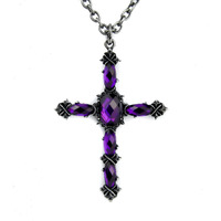 The Gothic King Of The Universe Purple Stone Vampire Cross Necklace Dark Elegant Pendant