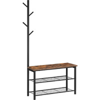 Hoobro Coat Rack Shoe Bench, 3-Tier Shoe Rack, Industrial Shoe Organizer Storage Bench, Entry Bench With Mesh Shelves, For Entryway, Living Room, Hallway, Easy Assembly, Rustic Brown Bf12Hx01