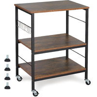 Nightstands, Industrial Microwave Oven Stand Kitchen Baker's Rack End Table 3 Tier Storage Shelf With 10 Hooks For Living Room, Kitchen, Bathroom, Cafe Rustic Brown