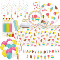 Serves 24 Complete Ice Cream Party Supplies Includes Plates Napkins, Table Covers, Balloons, Swirls, Happy Birthday Banner, Cake Topper, Candles, Straws Ideal For Ice Cream Popsicle Theme Party