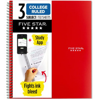 Five Star Spiral Notebook + Study App, 3 Subject, College Ruled Paper, Fights Ink Bleed, Water Resistant Cover, 8-1/2"" X 11"", 150 Sheets, Red (72065)
