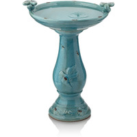 Alpine Corporation 25"" Tall Outdoor Ceramic Antique Pedestal Birdbath With 2 Bird Figurines, Turquoise