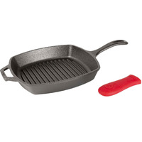 Lodge L8Sgp3Ashh41B Cast Iron Square Grill Pan With Red Silicone Hot Handle Holder, Pre-Seasoned, 10.5-Inch