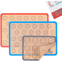 Silicone Baking Mat Macaron - Set Of 3 (2 Half Sheet Liners And 1 Quarter Sheet), Non Stick Silicon Cookie Oven Liner For Macaroons, Bake Pans, Pizza, Toaster, Cake And Bread Making (Red,Blue,Gray)