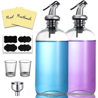 Aozita 16-Ounce Glass Mouthwash Dispenser - Clear Glass Bottle With Pour Spout, Shot Glass, Funnel And Labels, Refillable Boston Round Bottles - 2 Pack