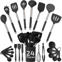 Silicone Kitchen Utensils Set - Culinary Couture 24-Pieces Black Silicone Cooking Utensils Set For Nonstick Cookware - Silicone Spatulas Set, Stainless Steel Handle & Other Kitchen Accessories