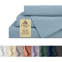Linen Home Washed Cotton Percale Queen Sheet Set, Baby Blue, Deep Pocket, 4 Pieces Bed Sheets - 1 Flat Sheet, 1 Fitted Sheet & 2 Envelope Closure Pillowcases, Cool And Comfortable Bed Linen
