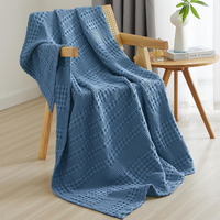 Phf 100% Cotton Waffle Weave Throw Blanket - Lightweight Washed Cotton Throw Blanket For Spring & Summer -50""X60"" Aesthetic Breathable & Skin-Friendly Blanket For Room Decor & Office -Captain's Blue