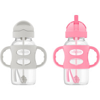 Dr. Brown's Milestones Wide-Neck Sippy Straw Bottle With 100% Silicone Handles And Weighted Straw, 9 Oz/270 Ml, Gray & Pink, 6M+, 2 Count (Pack Of 1)