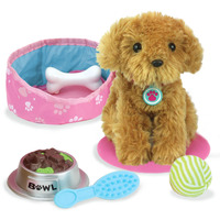 Sophia's 9 Piece Golden Plush Puppy Dog And Accessories Set With Leash, Food Bowl, Brush, Toy Ball, Toy Bone, Bed, And Blanket For 18"" Dolls, Multicolor