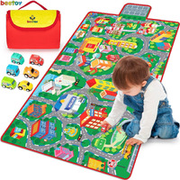 Beetoy Car Rug Play Mat, 31.5""X67"" Car Mat Toy Car Mat With Roads For Kids Car Play Mats Car Rug Portable Anti-Slip City Life Educational Road Traffic Carpet For 6 Toy Cars