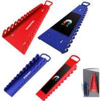 Workpro 4-Pack Magnetic Wrench Organizer, 2Pc 15-Slot And 2Pc 12-Slot Gripper Wrench Holder For Tool Boxes, Flexible Gripping Teeth And Carrying Handle, Fit For Sae And Metric, Blue, Red