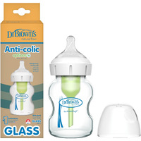 Dr. Brown's Natural Flow Anti-Colic Options+ Wide-Neck Glass Baby Bottle 5 Oz/150 Ml, With Level 1 Slow Flow Nipple, 1 Pack, 0M+