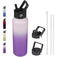 Bjpkpk Insulated Water Bottles With Straw Lid, 40Oz Cold & Hot Water Bottle, Stainless Steel Metal Water Bottle With 3 Lids, Reusable Thermos, Cups, Mugs For Daily Water Intake-Violet