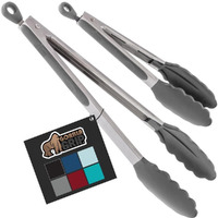 Gorilla Grip Stainless Steel Heat Resistant Kitchen Tongs For Cooking, Set Of 2 Bbq Tong, Non Scratch Silicone Tip For Pans, Strong Grip, Grab Food, Toss Salad, Air Fryer, Pull Lock, 7 + 9 Inch, Gray