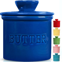 Prioritychef French Butter Crock With Lid, Get On Demand Spreadable Butter, Ceramic Butter Keeper To Leave On Counter With Water Line, Dark Blue