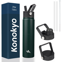 Konokyo Insulated Water Bottle 24Oz Stainless Steel Sport Water Bottles With 3 Lids,Army Green