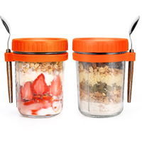 Overnight Oats Jars With Spoon And Lid 16 Oz [2 Pack], Airtight Oatmeal Container With Measurement Marks, Mason Jars With Lid For Cereal On The Go Container (Grey And White)