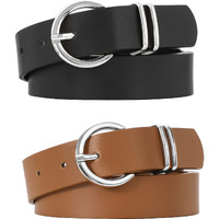 Vonmelli 2 Pack Women's Leather Belts For Jeans Pants Fashion Silver Buckle Ladies Belt Black Brown Xxx Large