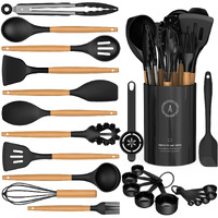 Silicone Cooking Utensils Set - Silicone Kitchen Utensils For Cooking Wooden Handles, 446F Heat Resistant Kitchen Utensil Spatula Sets W Holder, Gadgets For Non-Stick Cookware Bpa Free (Black)