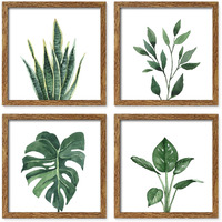Artbyhannah Framed Bathroom Wall Art Set Of 4 For Botanical Wall Decor Green Plant Picture Frame Collage Set For Home Living Room Decoration (Walnut, 10X10)