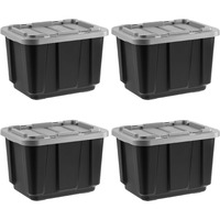 Iris Usa 12 Gallon Heavy Duty Truck Bed Toolbox Storage Tote Bins With Lids, 4 Pack - Made In Usa, Tough Snap On Lid Stackable Industrial Rugged Tubs, Garage Organization, Reusable Box - Black/Gray