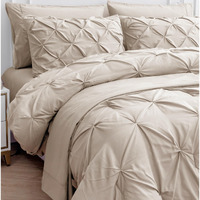 Lane Linen Full Comforter Set - 7 Piece Bed In A Bag - Pinch Pleated Full Size Bedding Set With Comforter, Flat Sheet, Fitted Sheet, Pillowcase & Sham - Soft Pintuck Bed Set, Beige