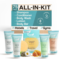 Eco Botanics Hotel Soaps And Toiletries Bulk Set | 1-Shoppe All-In-Kit Amenities |0.85Oz Shampoo & Conditioner, Body Wash, Body Lotion & 0.89Oz Bar Soap Travel Size | 75 Pieces